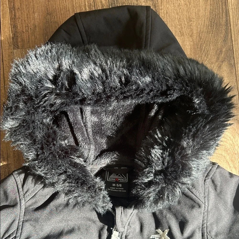 Black Hooded Jacket with Faux Fur Trim
